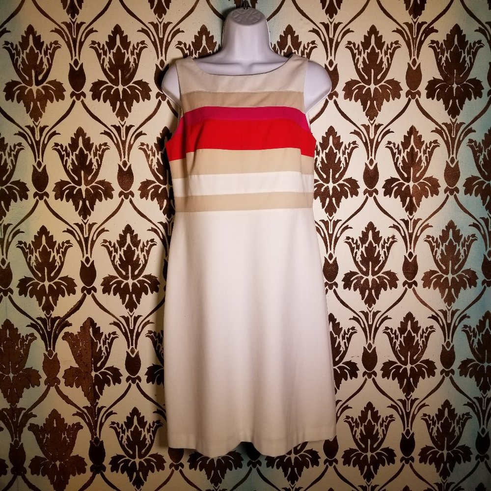WHBM Sheath-Sleeveless-White-Red-Tan Stripe-Lined-Mini-Zip Women's 6 DRESS EUC!